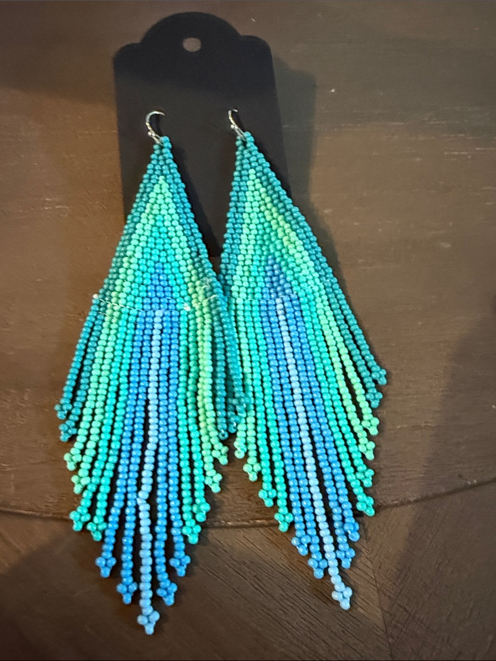 Handmade Beaded Fringe Earrings in Aqua and Teal